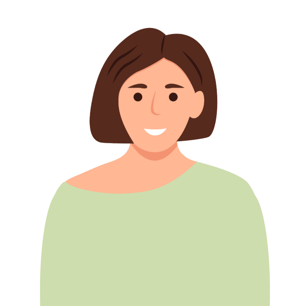 A woman with brown hair and a green top.