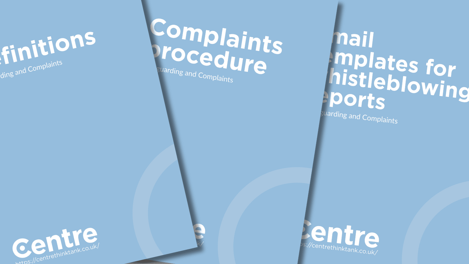 A set of blue documents, each with titles and the centre logo in white at the bottom.