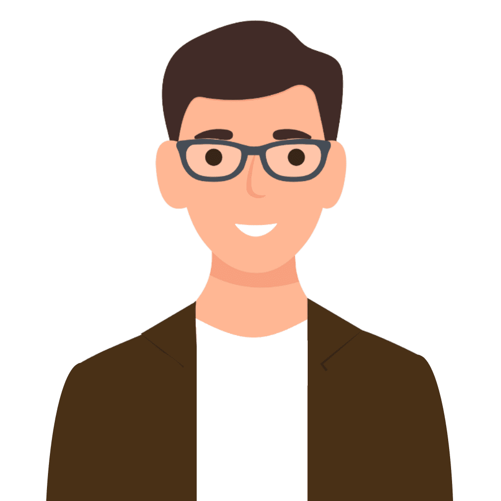 A man wearing glasses with brown hair, a white top, and a brown jacket.