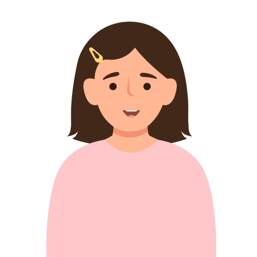 A girl with brown hair and a pink t-shirt.