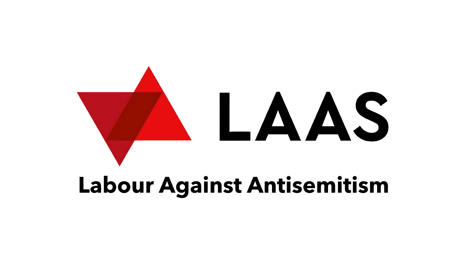 Two triangles in red which overlay each other partially. Next to this in black is the abbreviation "LAAS" and under this is the words "Labour Against Antisemitism".