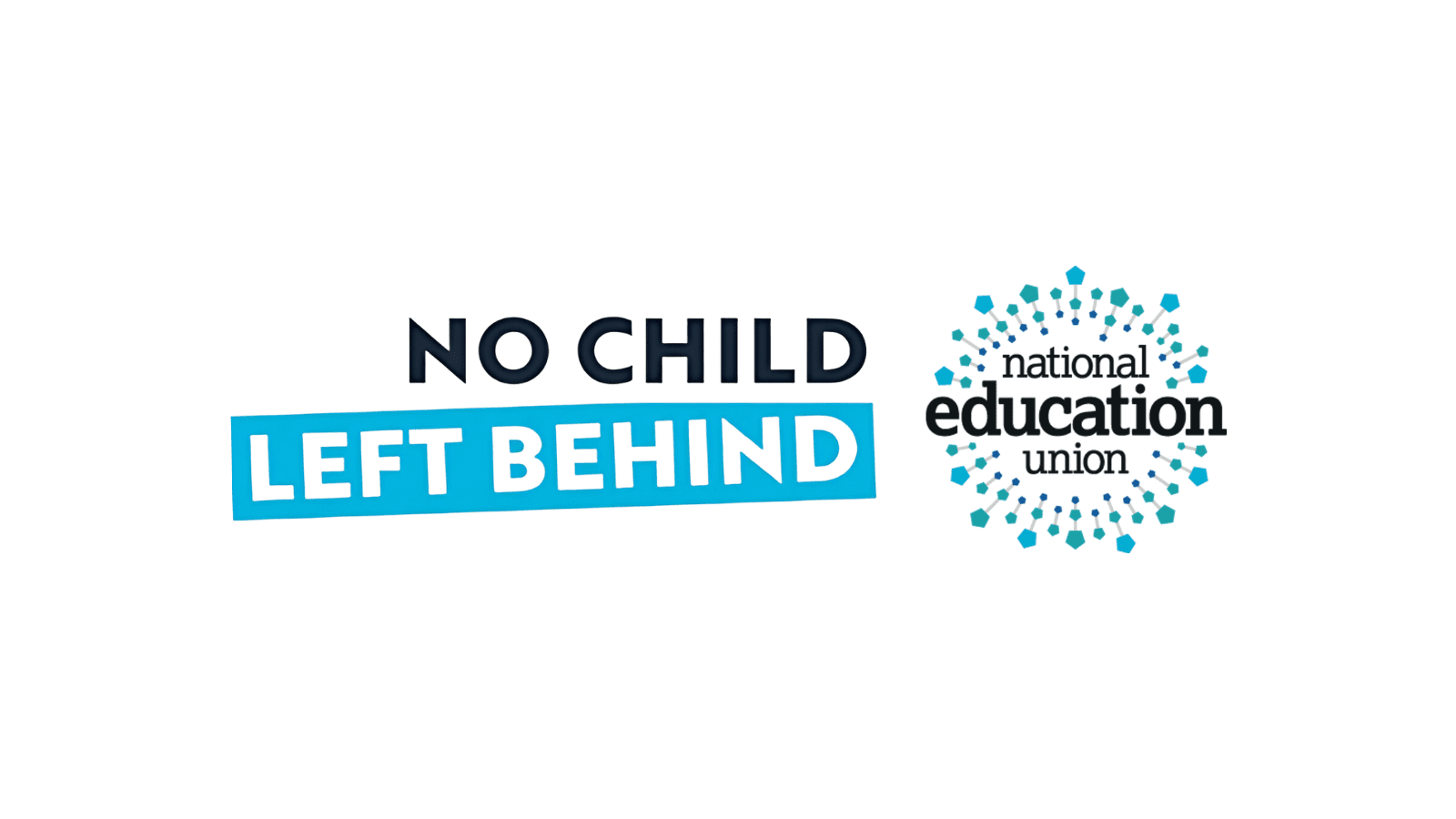 A white background with two logos on. The first are the words "No Child Left Behind" with the last two words inside a blue rectangle. The next logo contains the words "national education union" which has a large number of shapes radiating out from it.