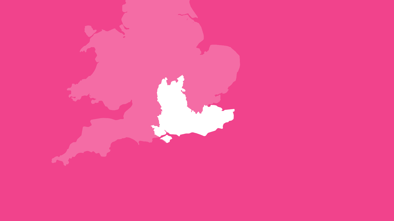 A pink background featuring a white outline of the South East of England. The region is highlighted against a faint, pale-white map of the United Kingdom to show its location within the UK as a whole.