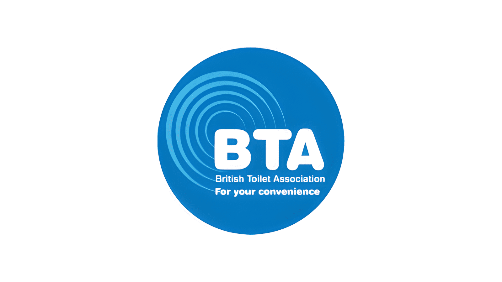 A blue circle with the words "BTA" and under this "British Toilet Association" and "For your convinience". There are multiple light blue rings which surround the "B" in "BTA".