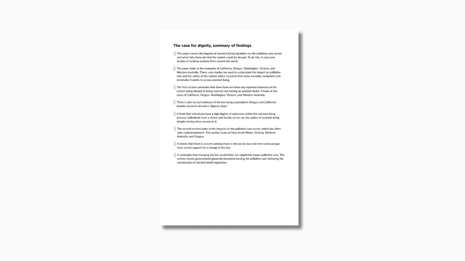 A white background with a white page on it. This has the words "The Australian model, summary of findings" written at the top. Below this are multiple bullet points. Below this in red is “Commissioned by Campaign For DIGNITY IN DYING,” with the word “IN” in blue.