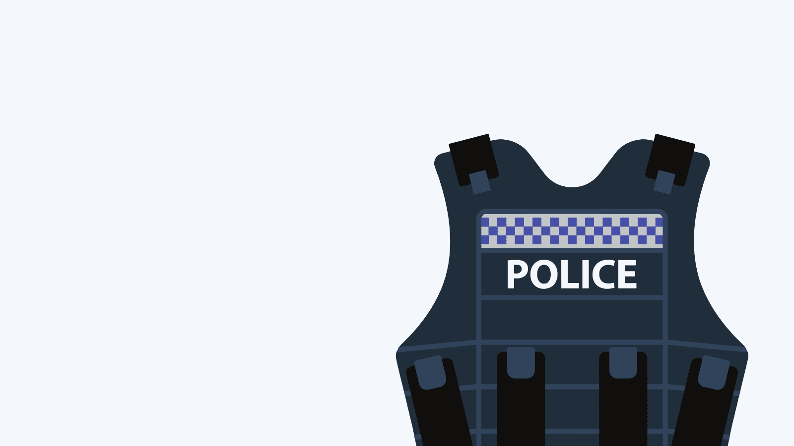 A blue jacket with the word “Police” on it and above the word a blue and white checkered pattern. This is on a light blue background.