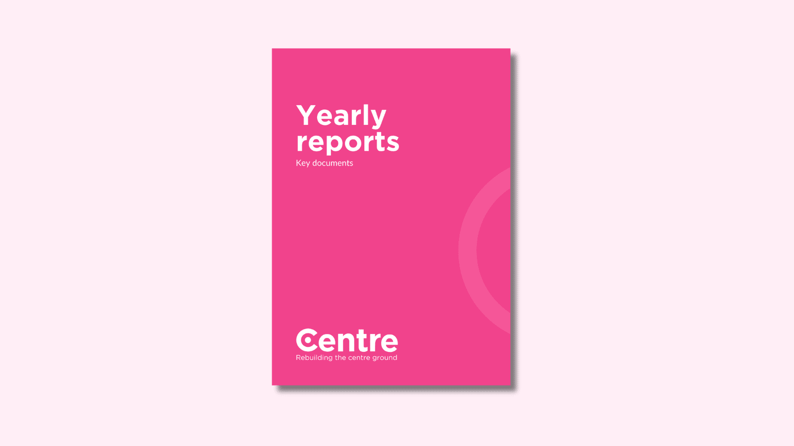 A light pink background with a document cover in pink. On the cover is the title "Yearly reports" with the sub-title "Key document". At the bottom of the document cover is the Centre Think Tank logo and “Rebuilding the centre ground" underneath.
