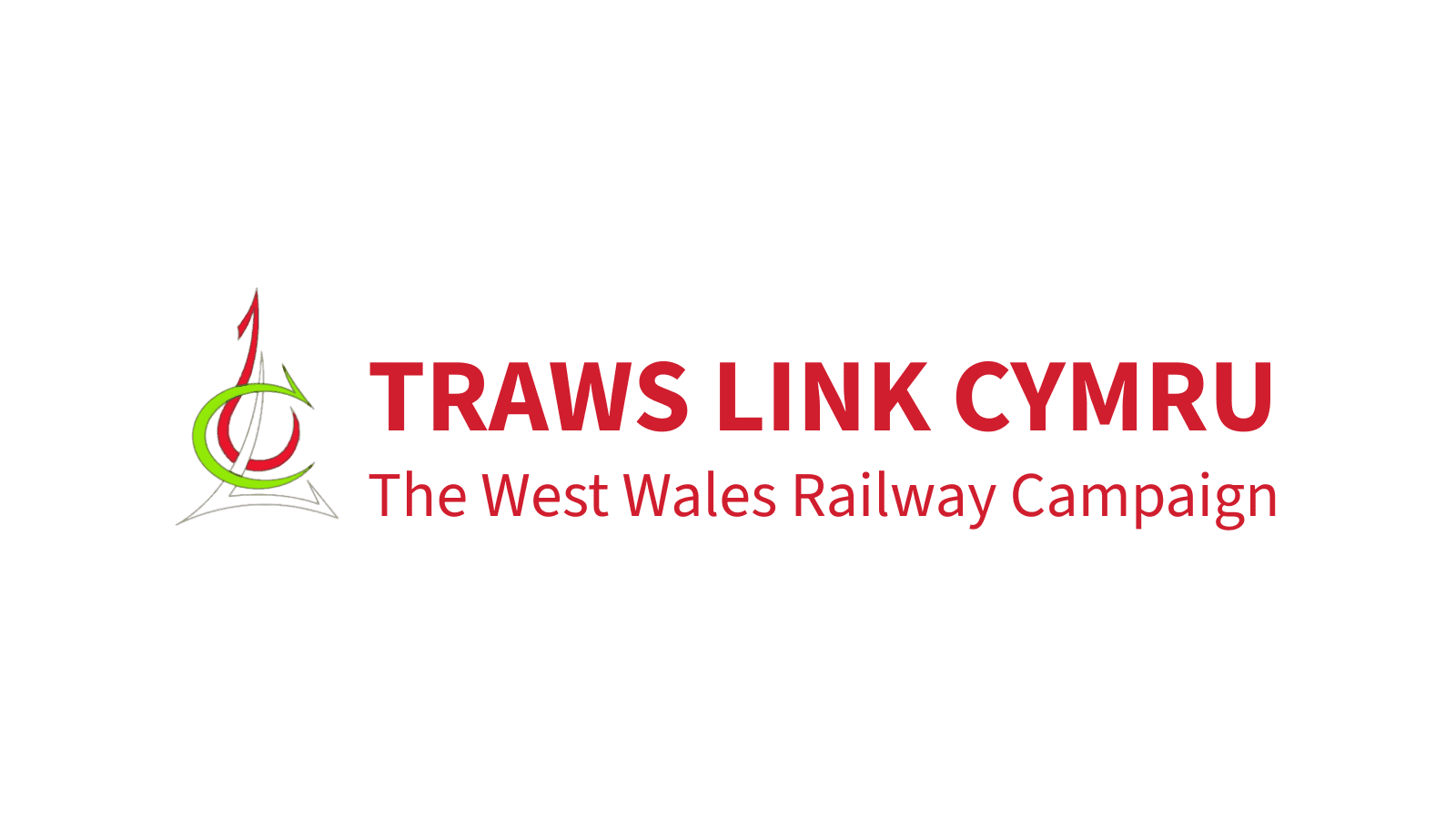A white background with the logo in red, white and green with the words “Traws Link Cymru” and “West Wales Rail Campaign” beside it.
