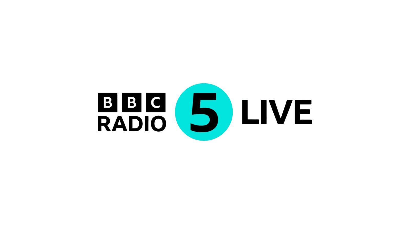 The BBC logo features the word “Radio” beneath it. To the right of the logo is the number “5” in black and turquoise, followed by the word “Live” in black. This all sits on a white background.